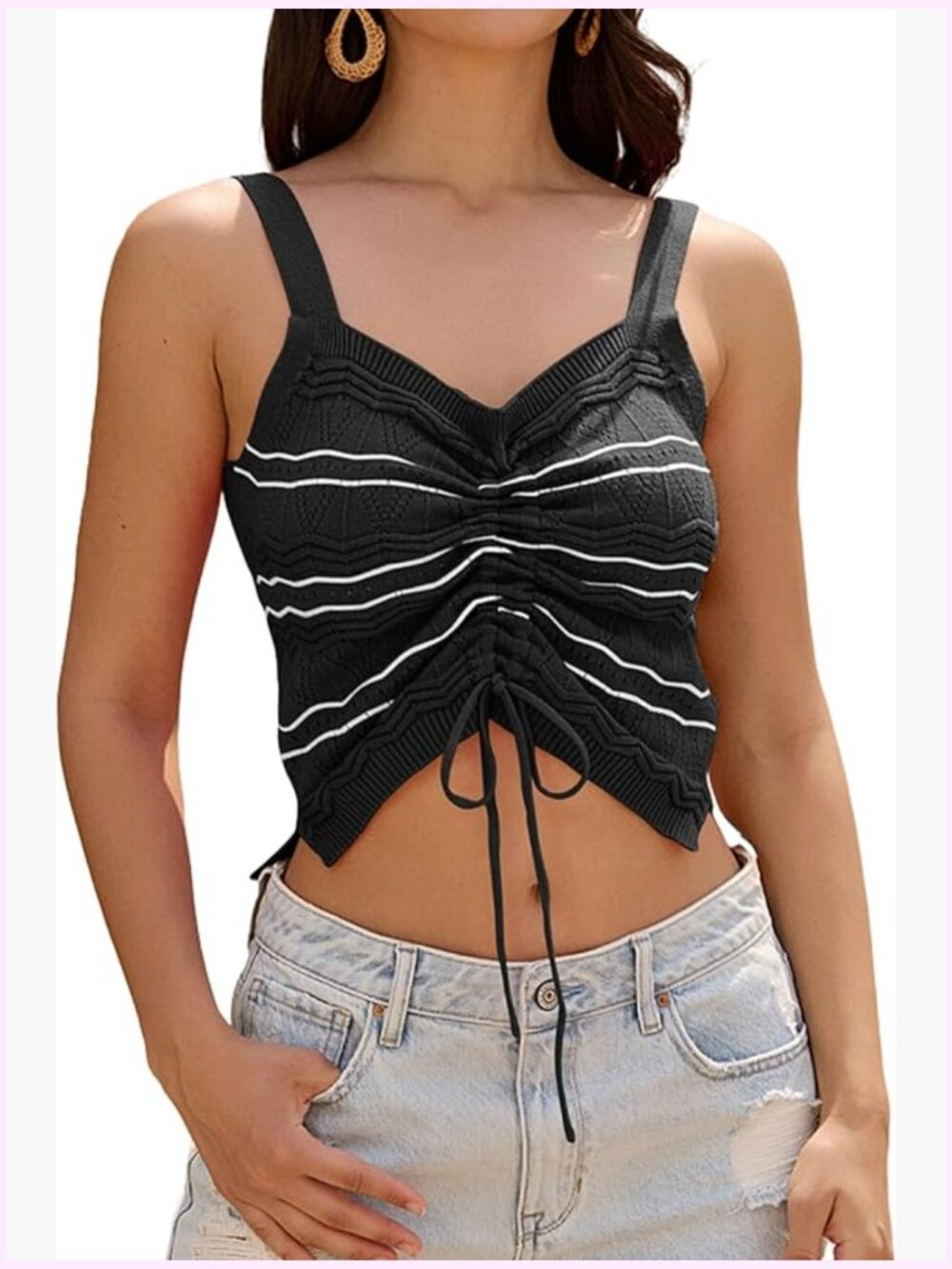 Women's Square Neck Crop Tank Top Striped Knit Drawstring Ruched